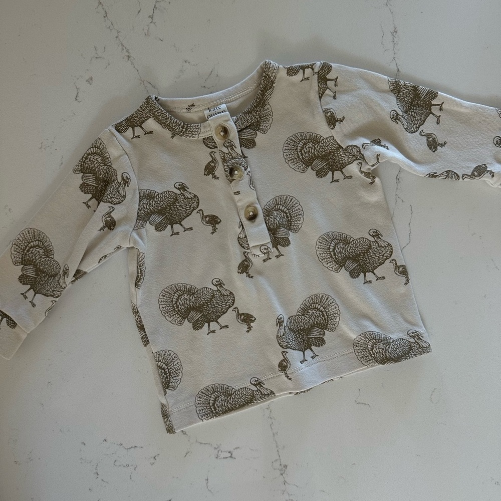 Kate Quinn Organic Cream Turkey Print Long-Sleeve Onesie, 6–12M, GUC